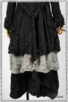Mewland Jacket in Black Washed Crinkled Linen; Clotaire Sash in Ethereal Cream and Black Fleur Stretch Cotton; Mewland Vest in Beacon Black Embroidered Plaid on Petite Stripe; Mewland Skirt in Black Washed Crinkled Linen. Ivey Abitz bespoke clothing.
