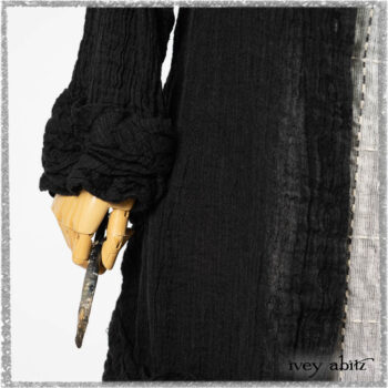 Mewland Jacket in Black Washed Crinkled Linen; Clotaire Sash in Ethereal Cream and Black Fleur Stretch Cotton; Mewland Vest in Beacon Black Embroidered Plaid on Petite Stripe; Mewland Skirt in Black Washed Crinkled Linen. Ivey Abitz bespoke clothing.