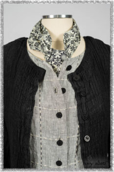 Mewland Jacket in Black Washed Crinkled Linen; Clotaire Sash in Ethereal Cream and Black Fleur Stretch Cotton; Mewland Vest in Beacon Black Embroidered Plaid on Petite Stripe; Mewland Skirt in Black Washed Crinkled Linen. Ivey Abitz bespoke clothing.