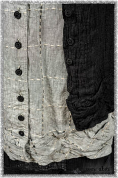 Mewland Jacket in Black Washed Crinkled Linen; Clotaire Sash in Ethereal Cream and Black Fleur Stretch Cotton; Mewland Vest in Beacon Black Embroidered Plaid on Petite Stripe; Mewland Skirt in Black Washed Crinkled Linen. Ivey Abitz bespoke clothing.