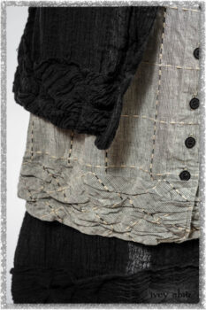Mewland Jacket in Black Washed Crinkled Linen; Clotaire Sash in Ethereal Cream and Black Fleur Stretch Cotton; Mewland Vest in Beacon Black Embroidered Plaid on Petite Stripe; Mewland Skirt in Black Washed Crinkled Linen. Ivey Abitz bespoke clothing.