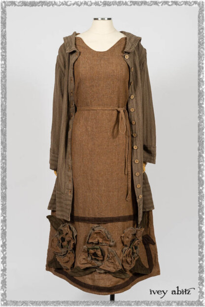 Saint Ans Frock in Chestnut Tree Wondrous Washed Linen with sculptural details in rare weaves; Hudson Duster Coat in Earthen Embroidered Stripe Gauze. Ivey Abitz bespoke clothing.