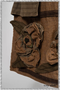 Saint Ans Frock in Chestnut Tree Wondrous Washed Linen with sculptural details in rare weaves; Hudson Duster Coat in Earthen Embroidered Stripe Gauze. Ivey Abitz bespoke clothing.