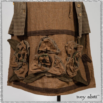 Saint Ans Frock in Chestnut Tree Wondrous Washed Linen with sculptural details in rare weaves; Hudson Duster Coat in Earthen Embroidered Stripe Gauze. Ivey Abitz bespoke clothing.