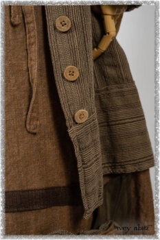 Saint Ans Frock in Chestnut Tree Wondrous Washed Linen with sculptural details in rare weaves; Hudson Duster Coat in Earthen Embroidered Stripe Gauze. Ivey Abitz bespoke clothing.
