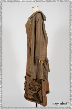 Saint Ans Frock in Chestnut Tree Wondrous Washed Linen with sculptural details in rare weaves; Hudson Duster Coat in Earthen Embroidered Stripe Gauze. Ivey Abitz bespoke clothing.