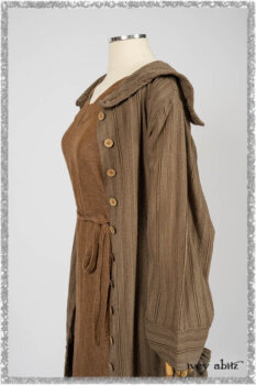 Saint Ans Frock in Chestnut Tree Wondrous Washed Linen with sculptural details in rare weaves; Hudson Duster Coat in Earthen Embroidered Stripe Gauze. Ivey Abitz bespoke clothing.