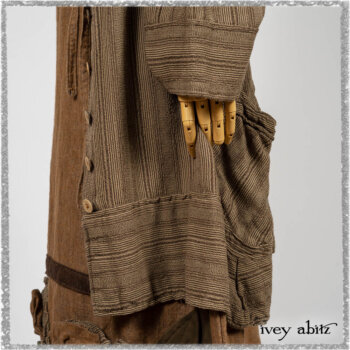 Saint Ans Frock in Chestnut Tree Wondrous Washed Linen with sculptural details in rare weaves; Hudson Duster Coat in Earthen Embroidered Stripe Gauze. Ivey Abitz bespoke clothing.