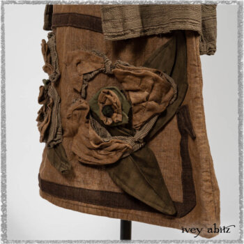 Saint Ans Frock in Chestnut Tree Wondrous Washed Linen with sculptural details in rare weaves; Hudson Duster Coat in Earthen Embroidered Stripe Gauze. Ivey Abitz bespoke clothing.