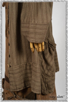 Saint Ans Frock in Chestnut Tree Wondrous Washed Linen with sculptural details in rare weaves; Hudson Duster Coat in Earthen Embroidered Stripe Gauze. Ivey Abitz bespoke clothing.