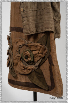 Saint Ans Frock in Chestnut Tree Wondrous Washed Linen with sculptural details in rare weaves; Hudson Duster Coat in Earthen Embroidered Stripe Gauze. Ivey Abitz bespoke clothing.