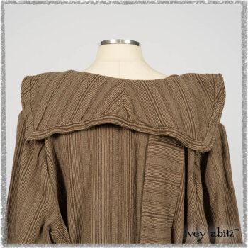 Saint Ans Frock in Chestnut Tree Wondrous Washed Linen with sculptural details in rare weaves; Hudson Duster Coat in Earthen Embroidered Stripe Gauze. Ivey Abitz bespoke clothing.