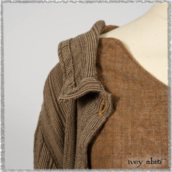 Saint Ans Frock in Chestnut Tree Wondrous Washed Linen with sculptural details in rare weaves; Hudson Duster Coat in Earthen Embroidered Stripe Gauze. Ivey Abitz bespoke clothing.