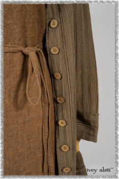 Saint Ans Frock in Chestnut Tree Wondrous Washed Linen with sculptural details in rare weaves; Hudson Duster Coat in Earthen Embroidered Stripe Gauze. Ivey Abitz bespoke clothing.