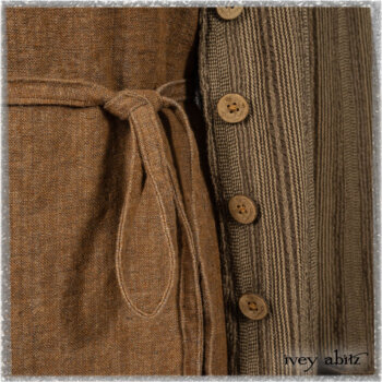 Saint Ans Frock in Chestnut Tree Wondrous Washed Linen with sculptural details in rare weaves; Hudson Duster Coat in Earthen Embroidered Stripe Gauze. Ivey Abitz bespoke clothing.