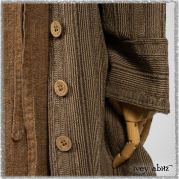 Saint Ans Frock in Chestnut Tree Wondrous Washed Linen with sculptural details in rare weaves; Hudson Duster Coat in Earthen Embroidered Stripe Gauze. Ivey Abitz bespoke clothing.