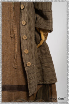 Saint Ans Frock in Chestnut Tree Wondrous Washed Linen with sculptural details in rare weaves; Hudson Duster Coat in Earthen Embroidered Stripe Gauze. Ivey Abitz bespoke clothing.