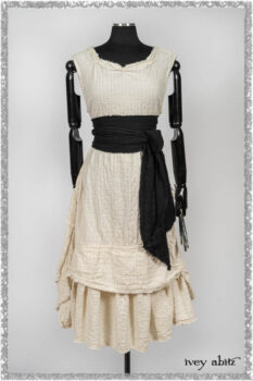 Ardsleydale Frock in Ethereal Cream Embroidered Crushed Plaid; Ardsleydale Sash in Beacon Black Hemstitch Stripe Gauze. Ivey Abitz bespoke clothing.