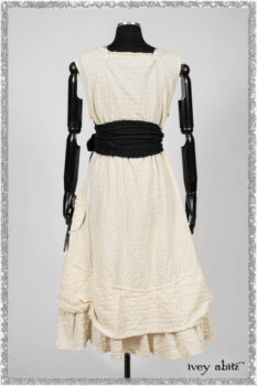 Ardsleydale Frock in Ethereal Cream Embroidered Crushed Plaid; Ardsleydale Sash in Beacon Black Hemstitch Stripe Gauze. Ivey Abitz bespoke clothing.