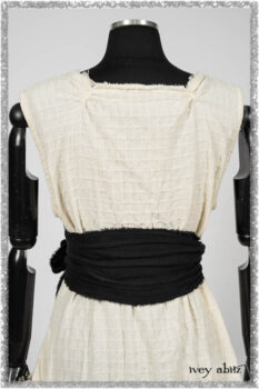 Ardsleydale Frock in Ethereal Cream Embroidered Crushed Plaid; Ardsleydale Sash in Beacon Black Hemstitch Stripe Gauze. Ivey Abitz bespoke clothing.