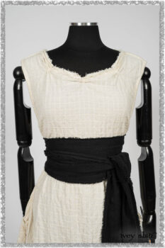 Ardsleydale Frock in Ethereal Cream Embroidered Crushed Plaid; Ardsleydale Sash in Beacon Black Hemstitch Stripe Gauze. Ivey Abitz bespoke clothing.