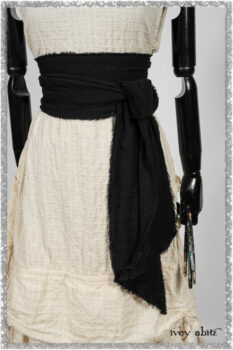 Ardsleydale Frock in Ethereal Cream Embroidered Crushed Plaid; Ardsleydale Sash in Beacon Black Hemstitch Stripe Gauze. Ivey Abitz bespoke clothing.