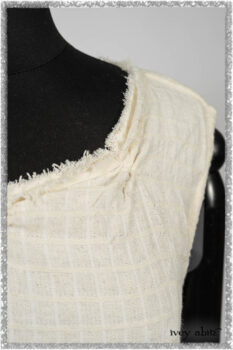 Ardsleydale Frock in Ethereal Cream Embroidered Crushed Plaid; Ardsleydale Sash in Beacon Black Hemstitch Stripe Gauze. Ivey Abitz bespoke clothing.