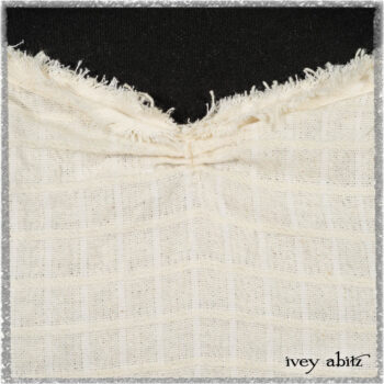 Ardsleydale Frock in Ethereal Cream Embroidered Crushed Plaid; Ardsleydale Sash in Beacon Black Hemstitch Stripe Gauze. Ivey Abitz bespoke clothing.
