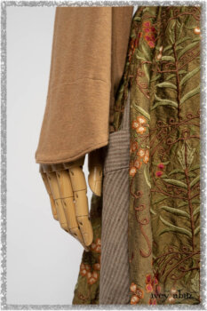 Saint Ans Jacket in Chestnut Tree Melange Knit; River Frock in Woodlawn Vine Embroidered Washed Silk; Hudson Frock in Earthen Washed Stripe Linen. Ivey Abitz bespoke clothing.