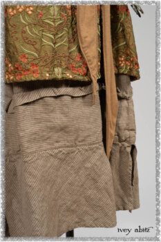 Saint Ans Jacket in Chestnut Tree Melange Knit; River Frock in Woodlawn Vine Embroidered Washed Silk; Hudson Frock in Earthen Washed Stripe Linen. Ivey Abitz bespoke clothing.