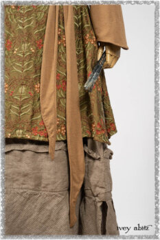 Saint Ans Jacket in Chestnut Tree Melange Knit; River Frock in Woodlawn Vine Embroidered Washed Silk; Hudson Frock in Earthen Washed Stripe Linen. Ivey Abitz bespoke clothing.
