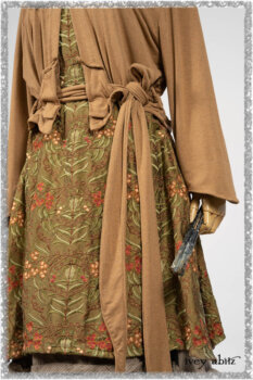 Saint Ans Jacket in Chestnut Tree Melange Knit; River Frock in Woodlawn Vine Embroidered Washed Silk; Hudson Frock in Earthen Washed Stripe Linen. Ivey Abitz bespoke clothing.