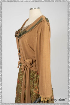 Saint Ans Jacket in Chestnut Tree Melange Knit; River Frock in Woodlawn Vine Embroidered Washed Silk; Hudson Frock in Earthen Washed Stripe Linen. Ivey Abitz bespoke clothing.