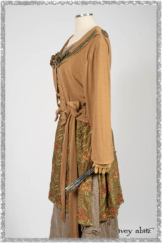 Saint Ans Jacket in Chestnut Tree Melange Knit; River Frock in Woodlawn Vine Embroidered Washed Silk; Hudson Frock in Earthen Washed Stripe Linen. Ivey Abitz bespoke clothing.