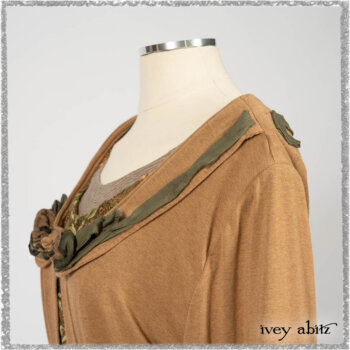 Saint Ans Jacket in Chestnut Tree Melange Knit; River Frock in Woodlawn Vine Embroidered Washed Silk; Hudson Frock in Earthen Washed Stripe Linen. Ivey Abitz bespoke clothing.