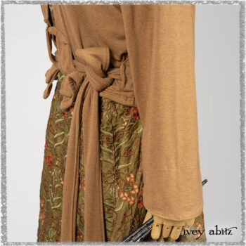 Saint Ans Jacket in Chestnut Tree Melange Knit; River Frock in Woodlawn Vine Embroidered Washed Silk; Hudson Frock in Earthen Washed Stripe Linen. Ivey Abitz bespoke clothing.