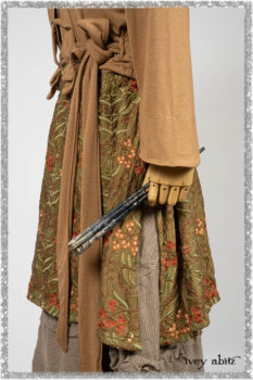 Saint Ans Jacket in Chestnut Tree Melange Knit; River Frock in Woodlawn Vine Embroidered Washed Silk; Hudson Frock in Earthen Washed Stripe Linen. Ivey Abitz bespoke clothing.