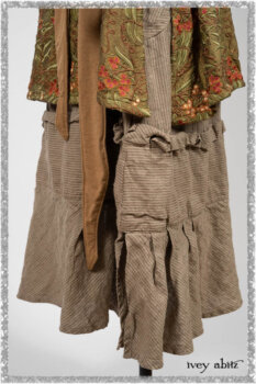 Saint Ans Jacket in Chestnut Tree Melange Knit; River Frock in Woodlawn Vine Embroidered Washed Silk; Hudson Frock in Earthen Washed Stripe Linen. Ivey Abitz bespoke clothing.