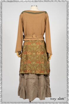 Saint Ans Jacket in Chestnut Tree Melange Knit; River Frock in Woodlawn Vine Embroidered Washed Silk; Hudson Frock in Earthen Washed Stripe Linen. Ivey Abitz bespoke clothing.