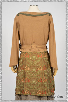 Saint Ans Jacket in Chestnut Tree Melange Knit; River Frock in Woodlawn Vine Embroidered Washed Silk; Hudson Frock in Earthen Washed Stripe Linen. Ivey Abitz bespoke clothing.