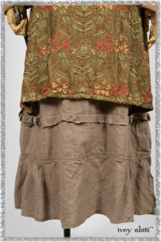 Saint Ans Jacket in Chestnut Tree Melange Knit; River Frock in Woodlawn Vine Embroidered Washed Silk; Hudson Frock in Earthen Washed Stripe Linen. Ivey Abitz bespoke clothing.