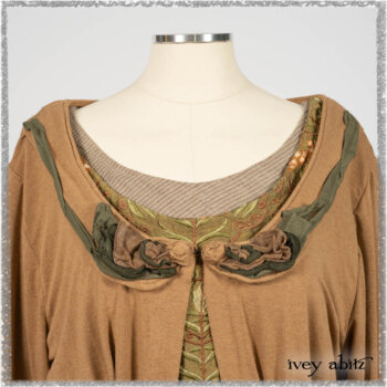 Saint Ans Jacket in Chestnut Tree Melange Knit; River Frock in Woodlawn Vine Embroidered Washed Silk; Hudson Frock in Earthen Washed Stripe Linen. Ivey Abitz bespoke clothing.