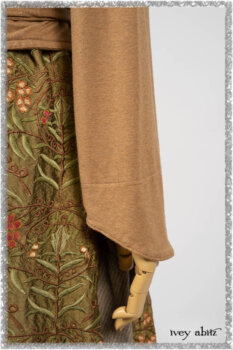 Saint Ans Jacket in Chestnut Tree Melange Knit; River Frock in Woodlawn Vine Embroidered Washed Silk; Hudson Frock in Earthen Washed Stripe Linen. Ivey Abitz bespoke clothing.