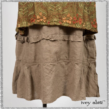 Saint Ans Jacket in Chestnut Tree Melange Knit; River Frock in Woodlawn Vine Embroidered Washed Silk; Hudson Frock in Earthen Washed Stripe Linen. Ivey Abitz bespoke clothing.