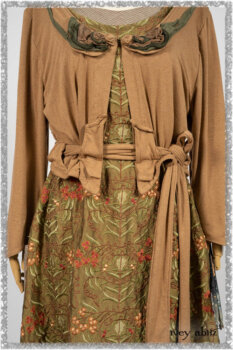 Saint Ans Jacket in Chestnut Tree Melange Knit; River Frock in Woodlawn Vine Embroidered Washed Silk; Hudson Frock in Earthen Washed Stripe Linen. Ivey Abitz bespoke clothing.