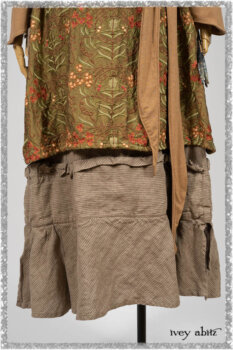 Saint Ans Jacket in Chestnut Tree Melange Knit; River Frock in Woodlawn Vine Embroidered Washed Silk; Hudson Frock in Earthen Washed Stripe Linen. Ivey Abitz bespoke clothing.