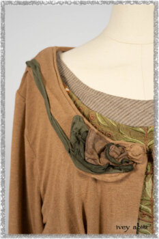 Saint Ans Jacket in Chestnut Tree Melange Knit; River Frock in Woodlawn Vine Embroidered Washed Silk; Hudson Frock in Earthen Washed Stripe Linen. Ivey Abitz bespoke clothing.