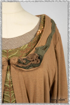 Saint Ans Jacket in Chestnut Tree Melange Knit; River Frock in Woodlawn Vine Embroidered Washed Silk; Hudson Frock in Earthen Washed Stripe Linen. Ivey Abitz bespoke clothing.