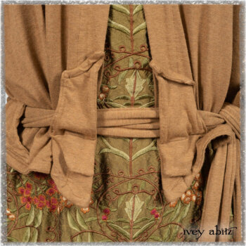 Saint Ans Jacket in Chestnut Tree Melange Knit; River Frock in Woodlawn Vine Embroidered Washed Silk; Hudson Frock in Earthen Washed Stripe Linen. Ivey Abitz bespoke clothing.