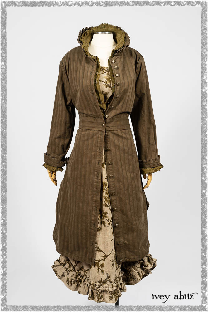 Mathilda Coat Dress in Woodlawn Variegated Stripe Weave; Canterbury Duster Coat in Woodlawn Cotton Silk Voile; Canterbury Frock in Woodlawn Floral Washed Linen. Ivey Abitz bespoke clothing.